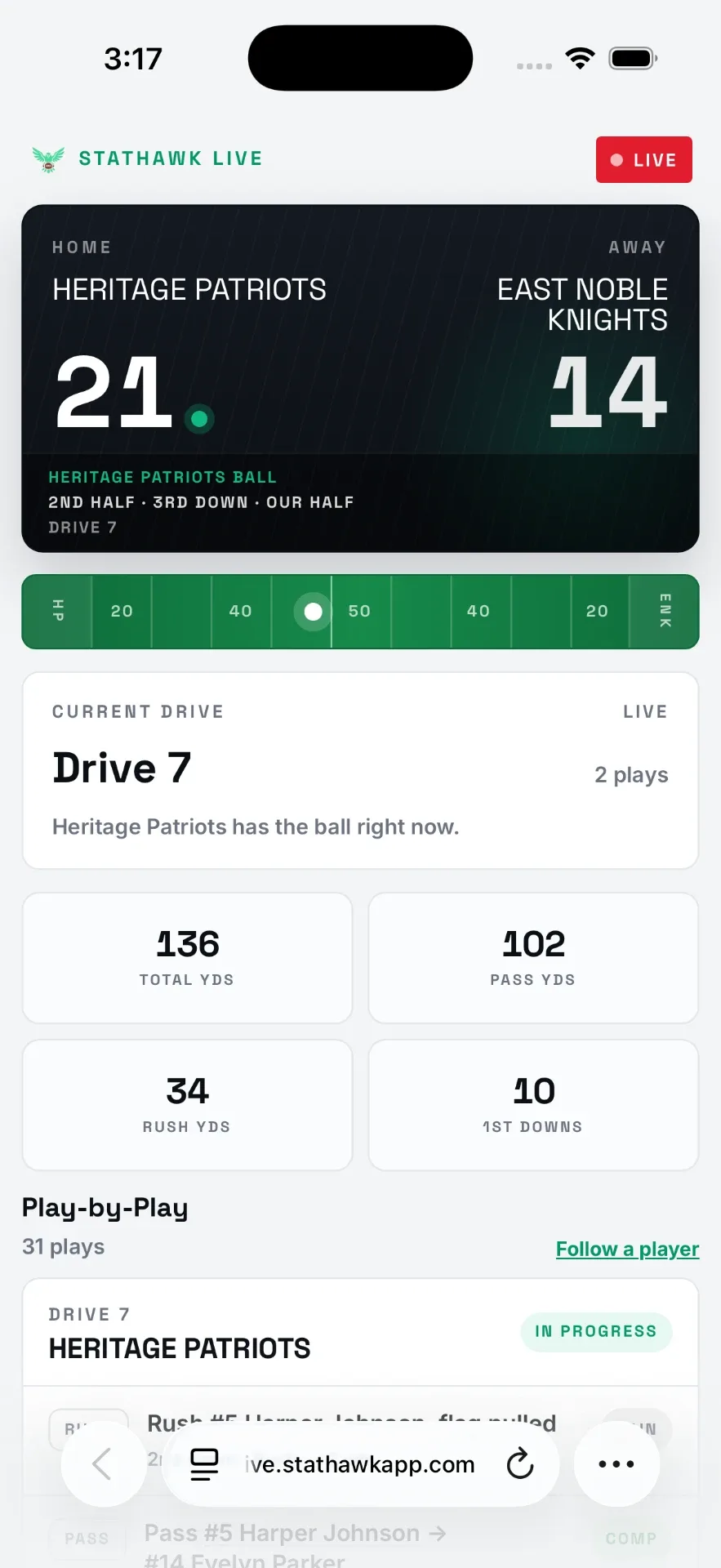 StatHawk Live GameView in mobile browser showing live score 21-14, current drive, total yards, pass yards, rush yards, first downs, and play-by-play log