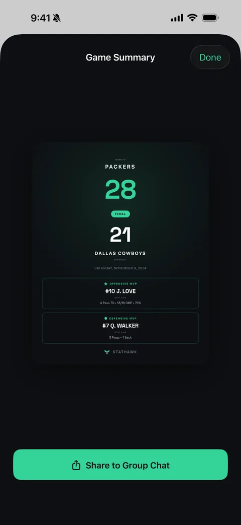 Postgame share card showing final score and MVPs